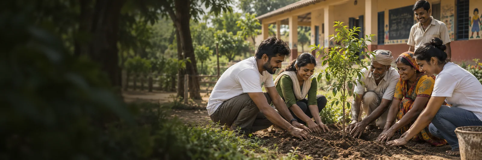 Illustration of Indian volunteers and village residents planting a tree beside a community center