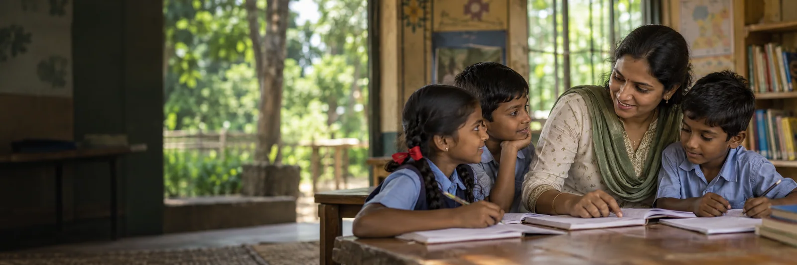 Illustration of an Indian teacher helping children learn in a village classroom