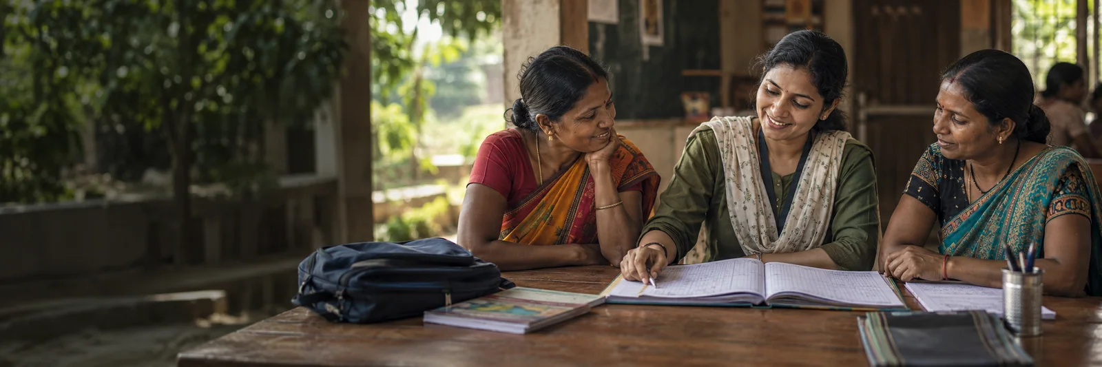 Illustration of an Indian community facilitator reviewing a ledger with women from a self-help group