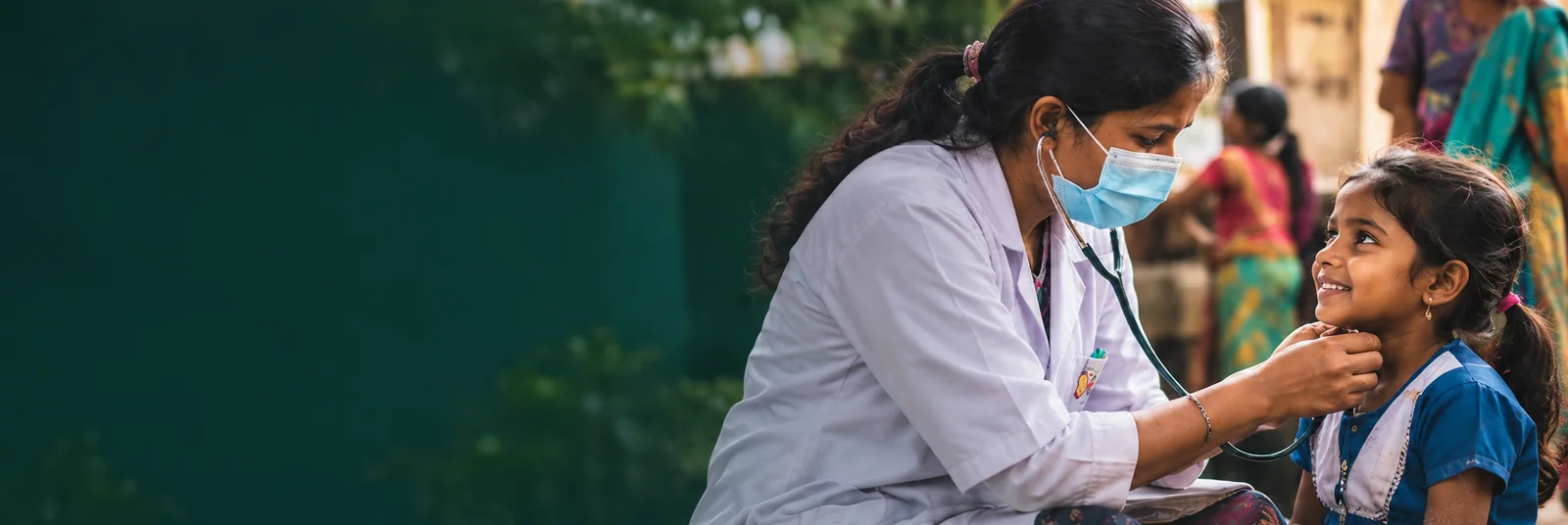 Illustration of an Indian clinician examining a schoolgirl in a village community