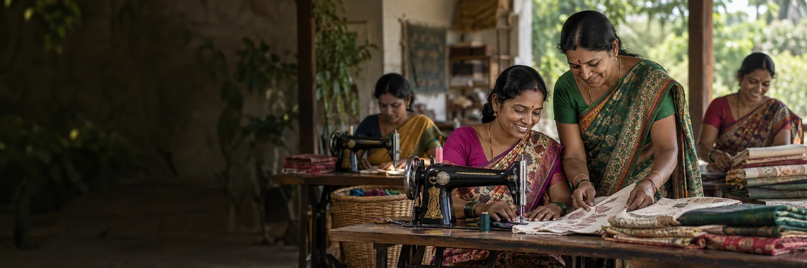 Illustration of Indian women working together in a village tailoring cooperative